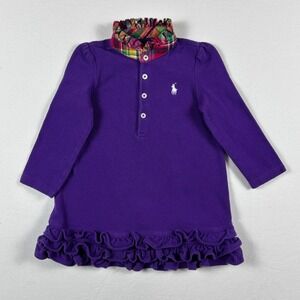 Ralph Lauren Baby Girls Purple Long Sleeve Polo Dress Ruffle Hem 18M 100% Cotton